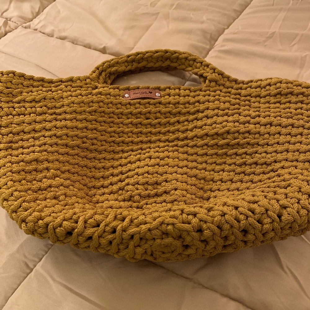 Crocheted handmade Mustard handbag with attached straps. 16” x 18”  New